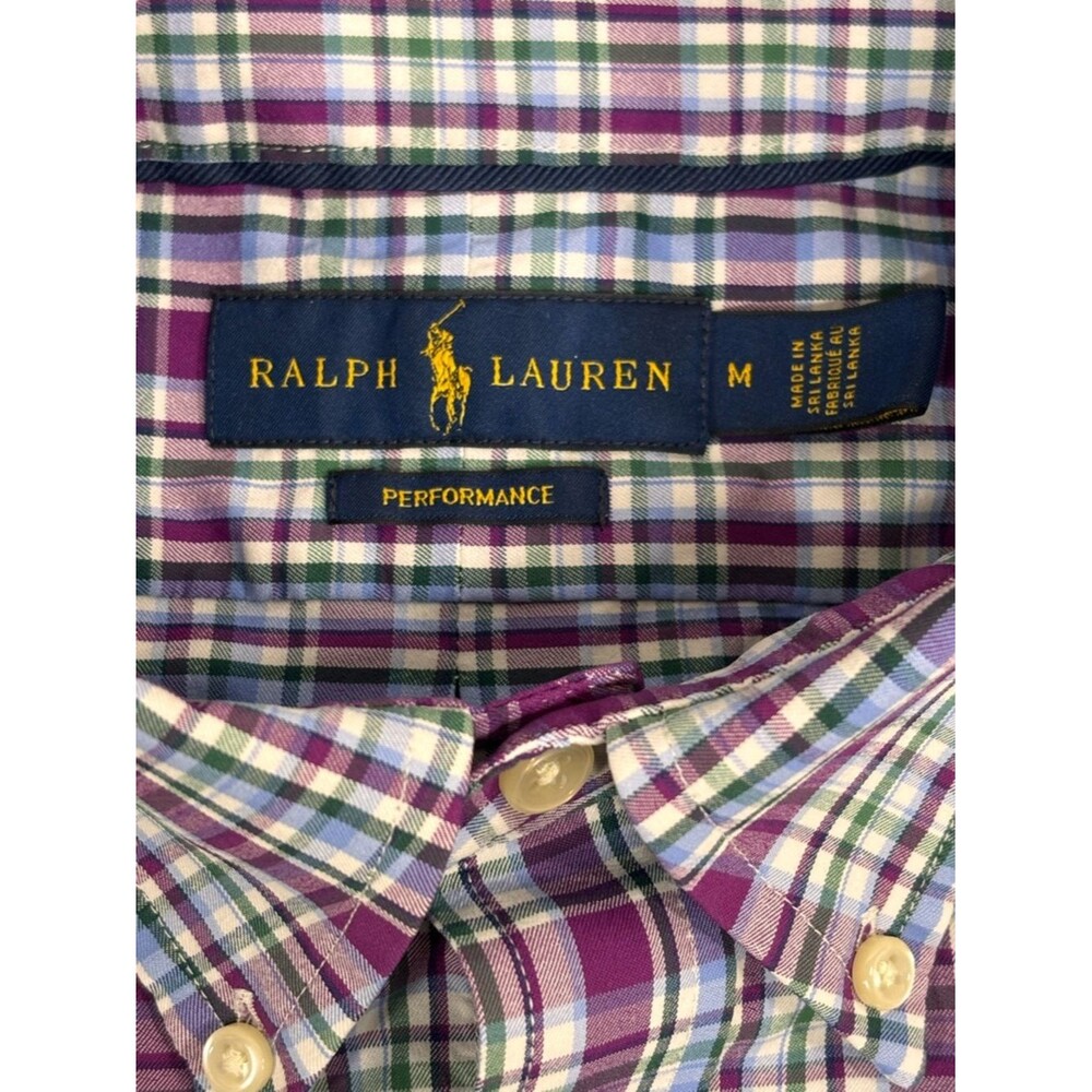 Ralph Lauren Green Purple Plaid Long Sleeve Preppy Casual Performance Shirt M